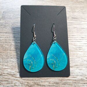 Teardrop Shaped Blue Resin Earrings Artistic Abstract Detailing Beach Core Hooks